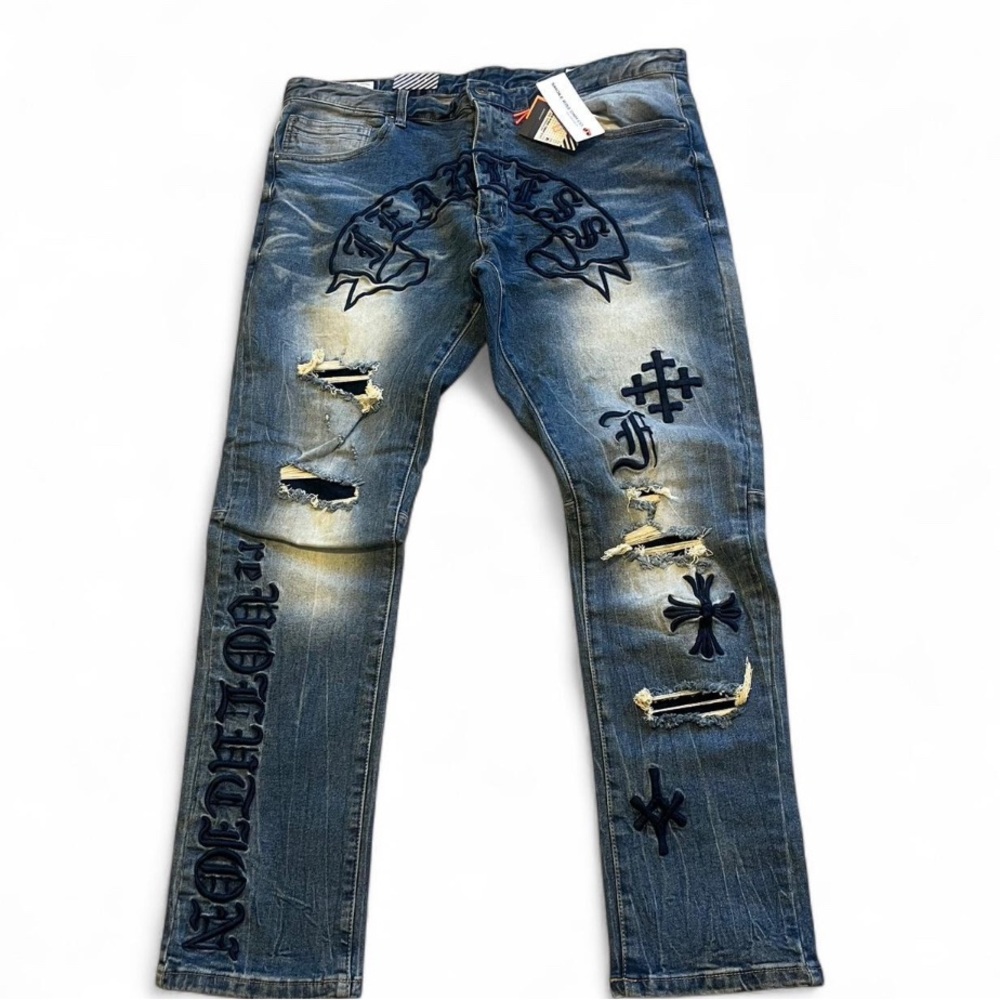 Men's Slim Straight Distressed Blue Embroidered Jeans